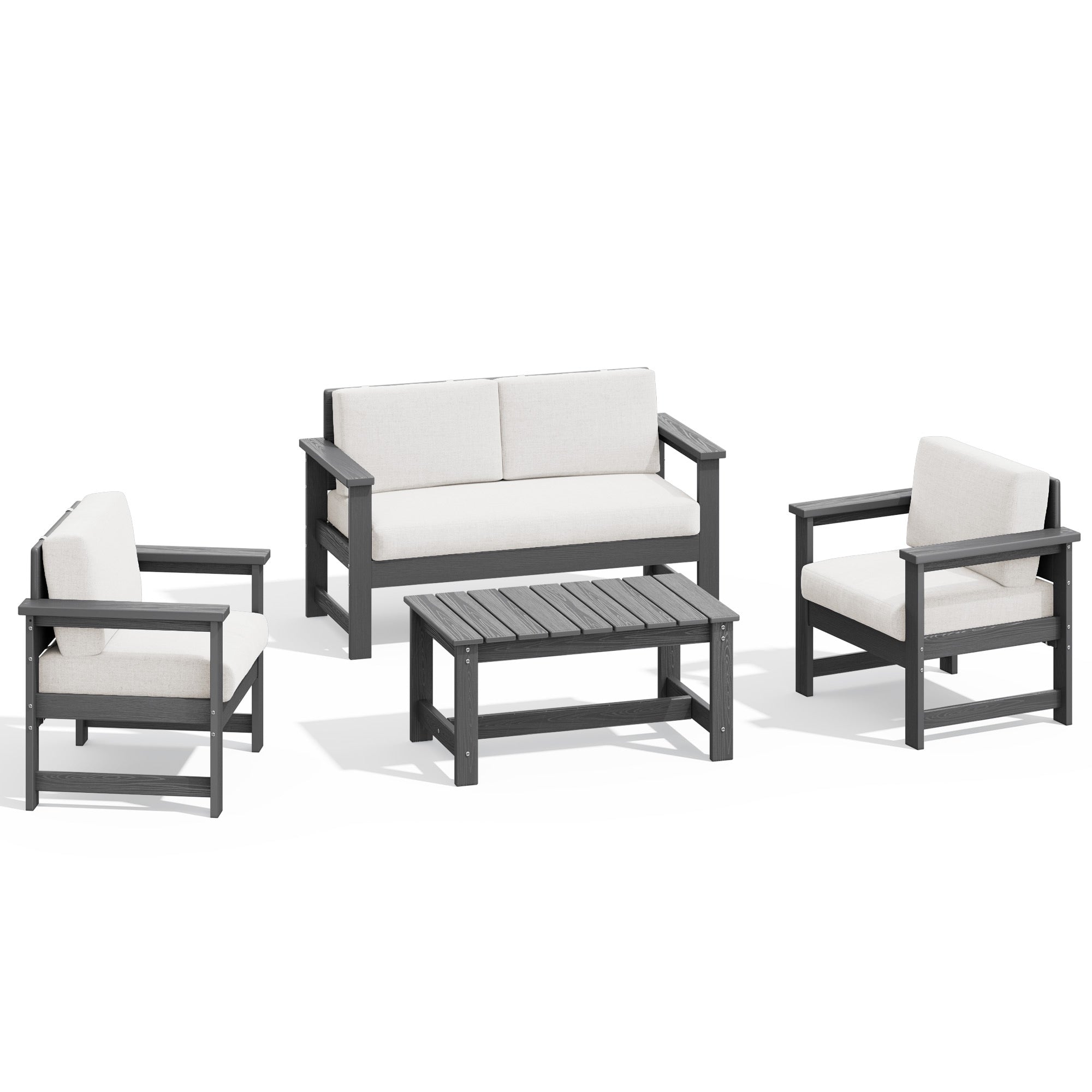 Ensemble de canapé et table sectionnels en PEHD pour patio extérieur, coussins amovibles inclus, une causeuse et deux canapés simples