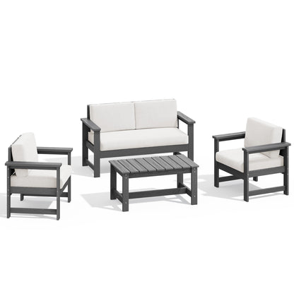 Ensemble de canapé et table sectionnels en PEHD pour patio extérieur, coussins amovibles inclus, une causeuse et deux canapés simples
