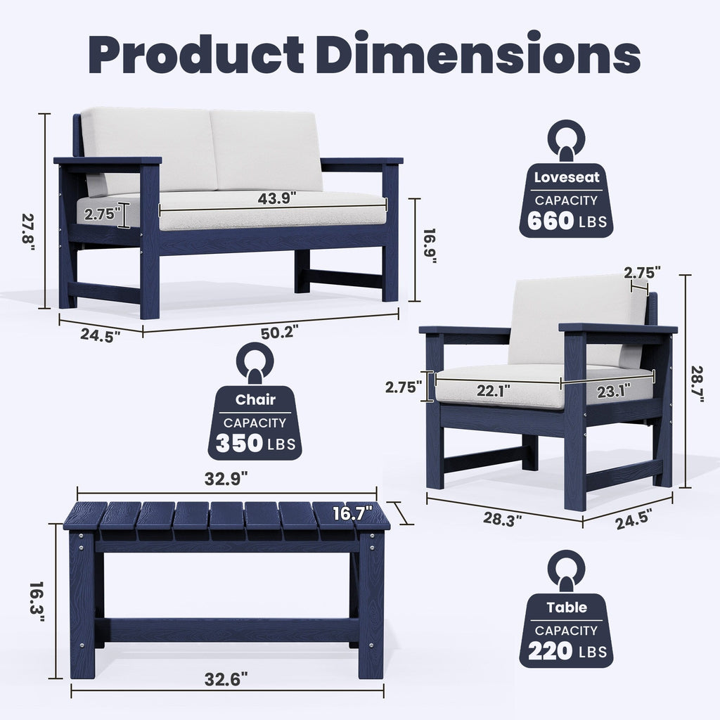 Ensemble de canapé et table sectionnels en PEHD pour patio extérieur, coussins amovibles inclus, une causeuse et deux canapés simples