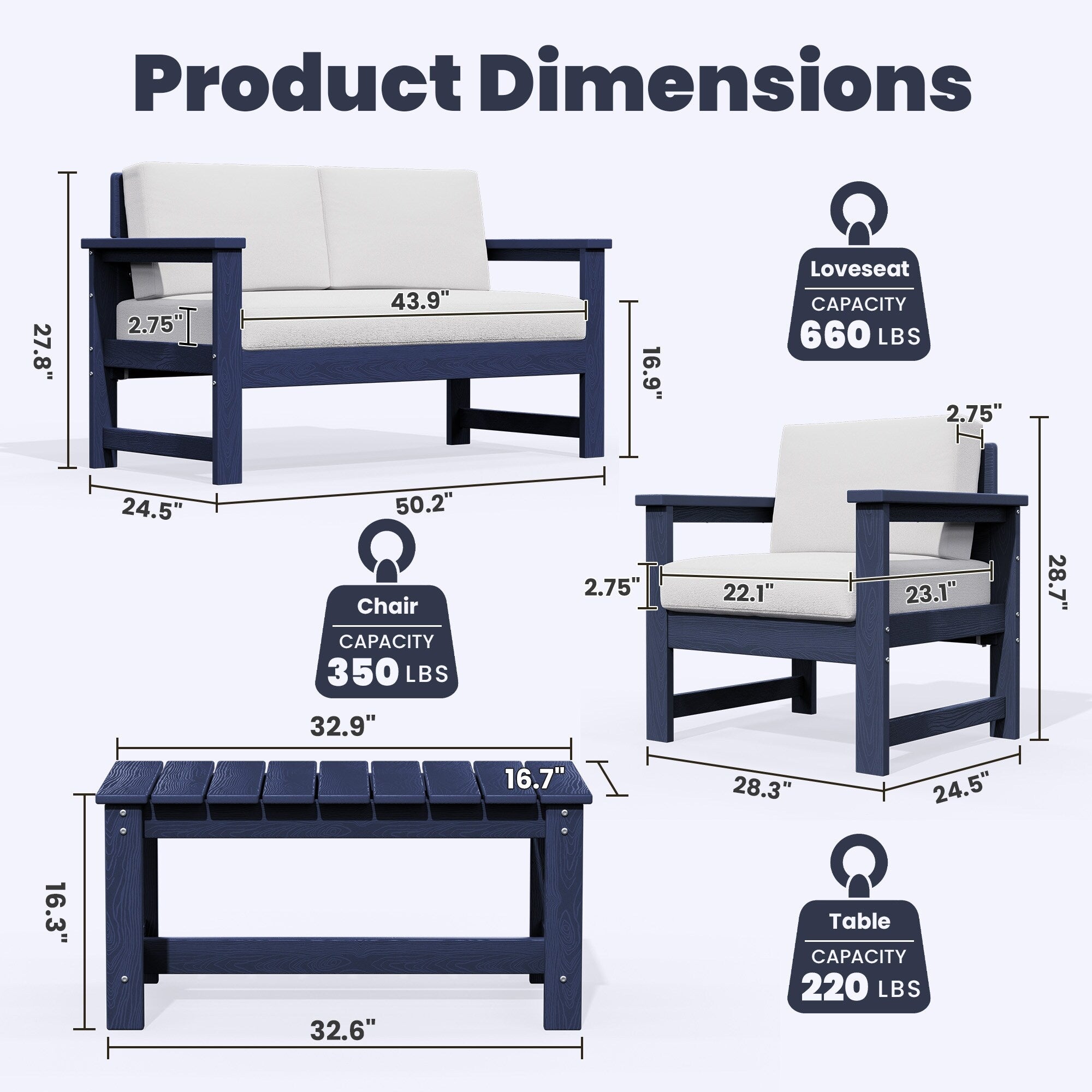 Ensemble de canapé et table sectionnels en PEHD pour patio extérieur, coussins amovibles inclus, une causeuse et deux canapés simples