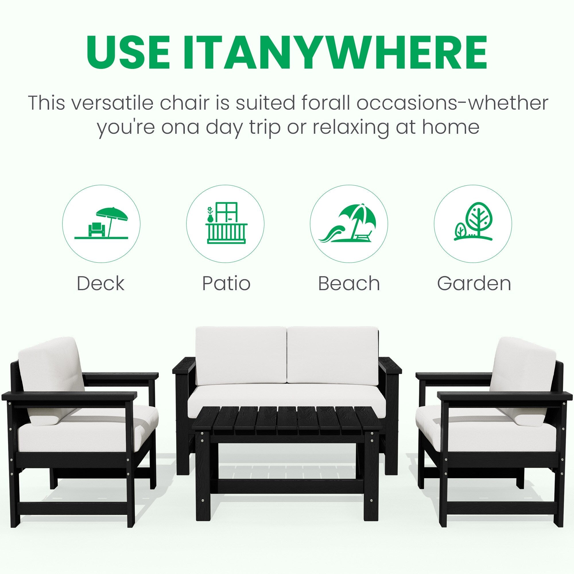Ensemble de canapé et table sectionnels en PEHD pour patio extérieur, coussins amovibles inclus, une causeuse et deux canapés simples