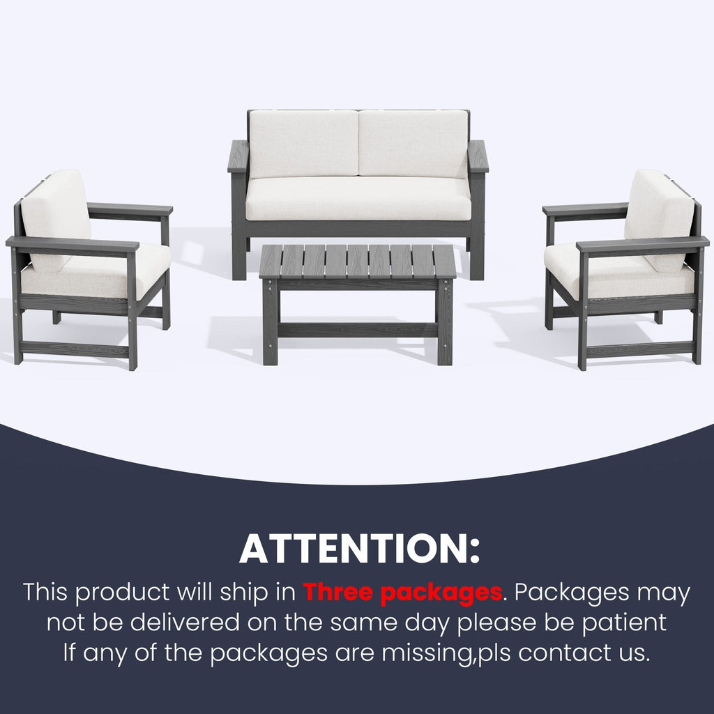 Ensemble de canapé et table sectionnels en PEHD pour patio extérieur, coussins amovibles inclus, une causeuse et deux canapés simples