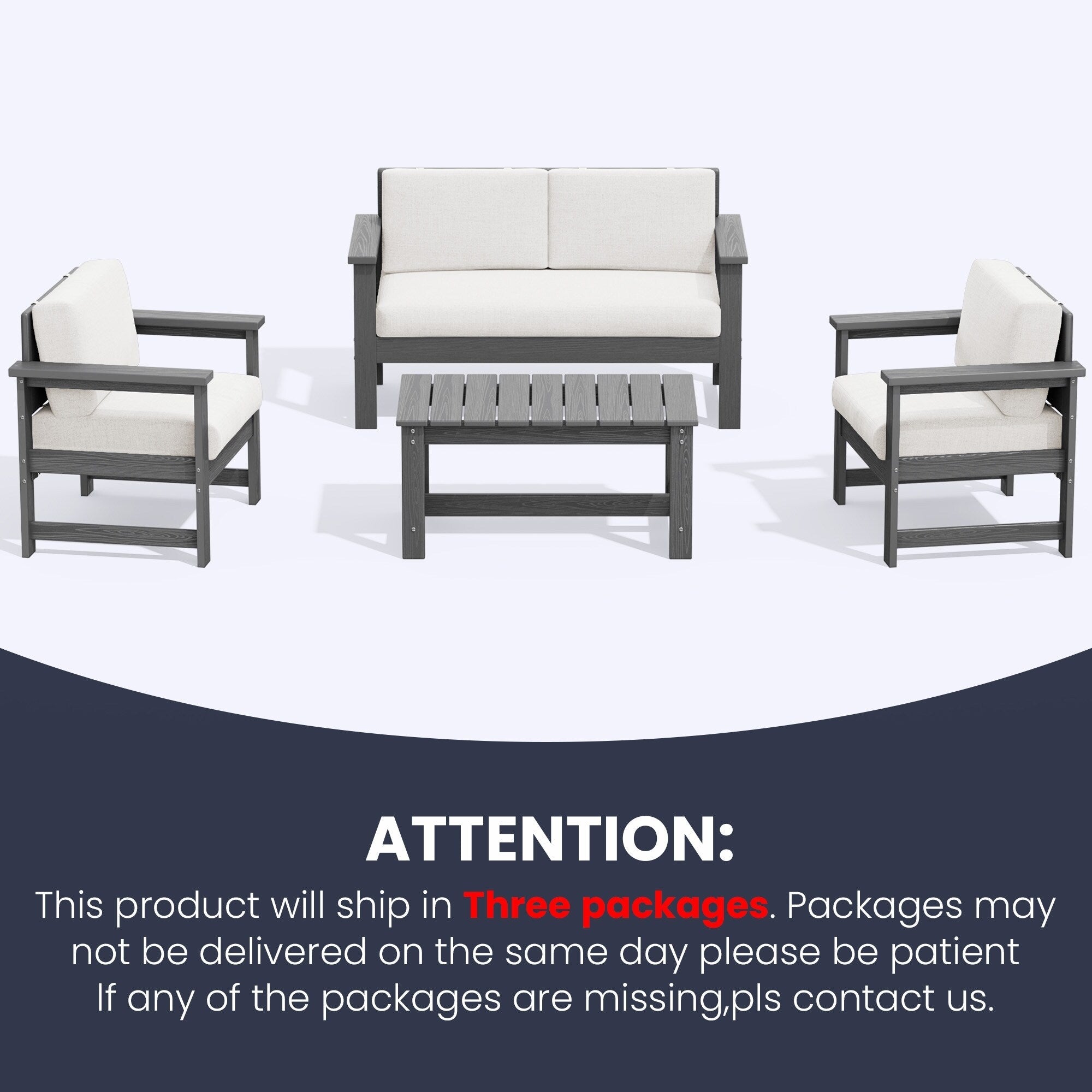 Ensemble de canapé et table sectionnels en PEHD pour patio extérieur, coussins amovibles inclus, une causeuse et deux canapés simples