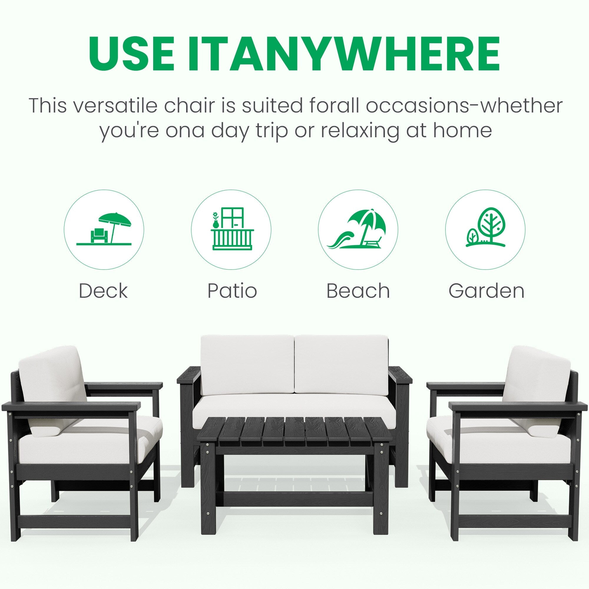 Ensemble de canapé et table sectionnels en PEHD pour patio extérieur, coussins amovibles inclus, une causeuse et deux canapés simples