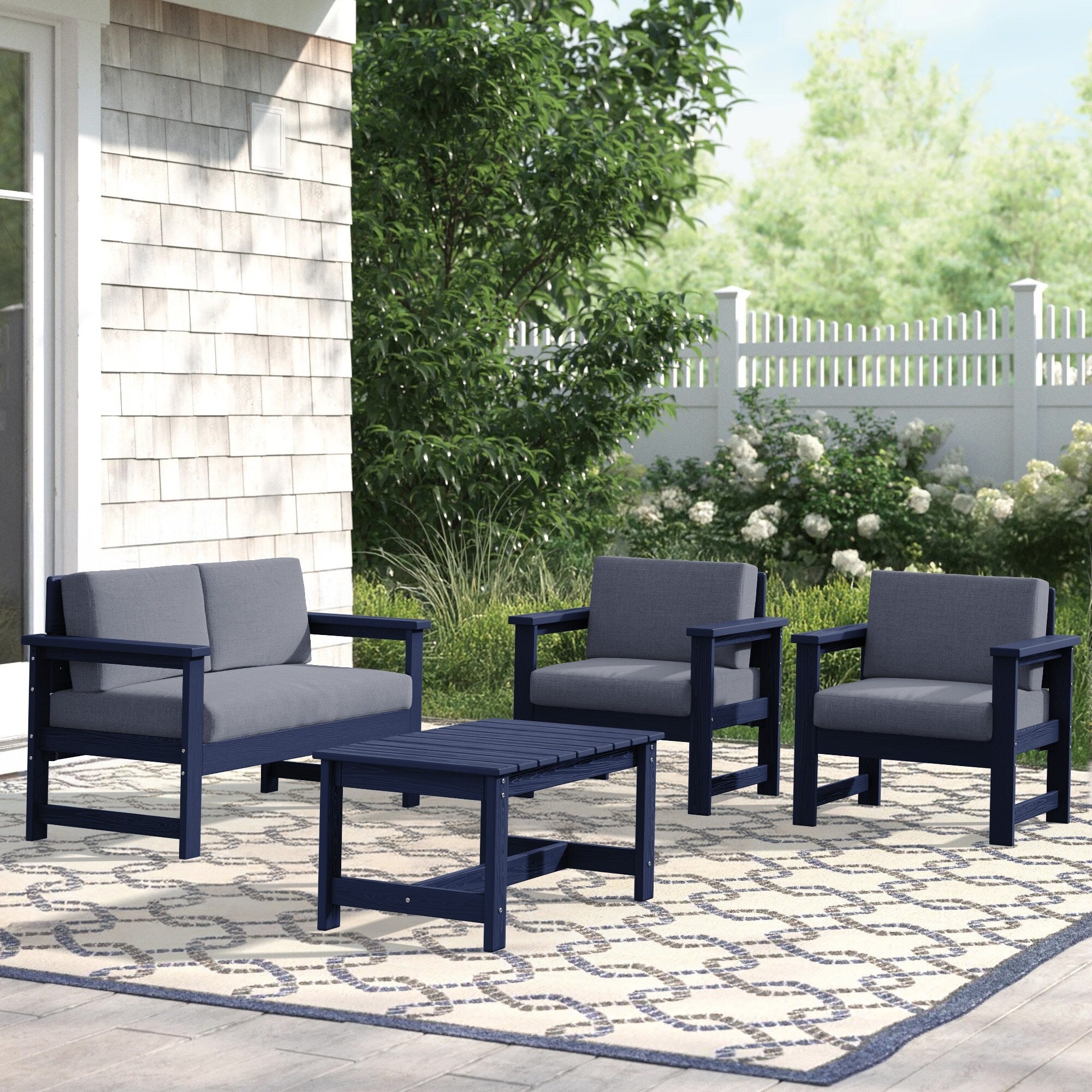 Ensemble de canapé et table sectionnels en PEHD pour patio extérieur, coussins amovibles inclus, une causeuse et deux canapés simples