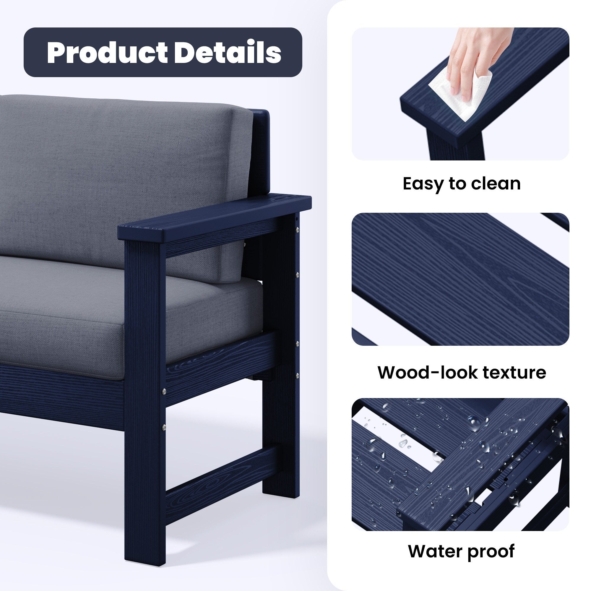 Ensemble de canapé et table sectionnels en PEHD pour patio extérieur, coussins amovibles inclus, une causeuse et deux canapés simples