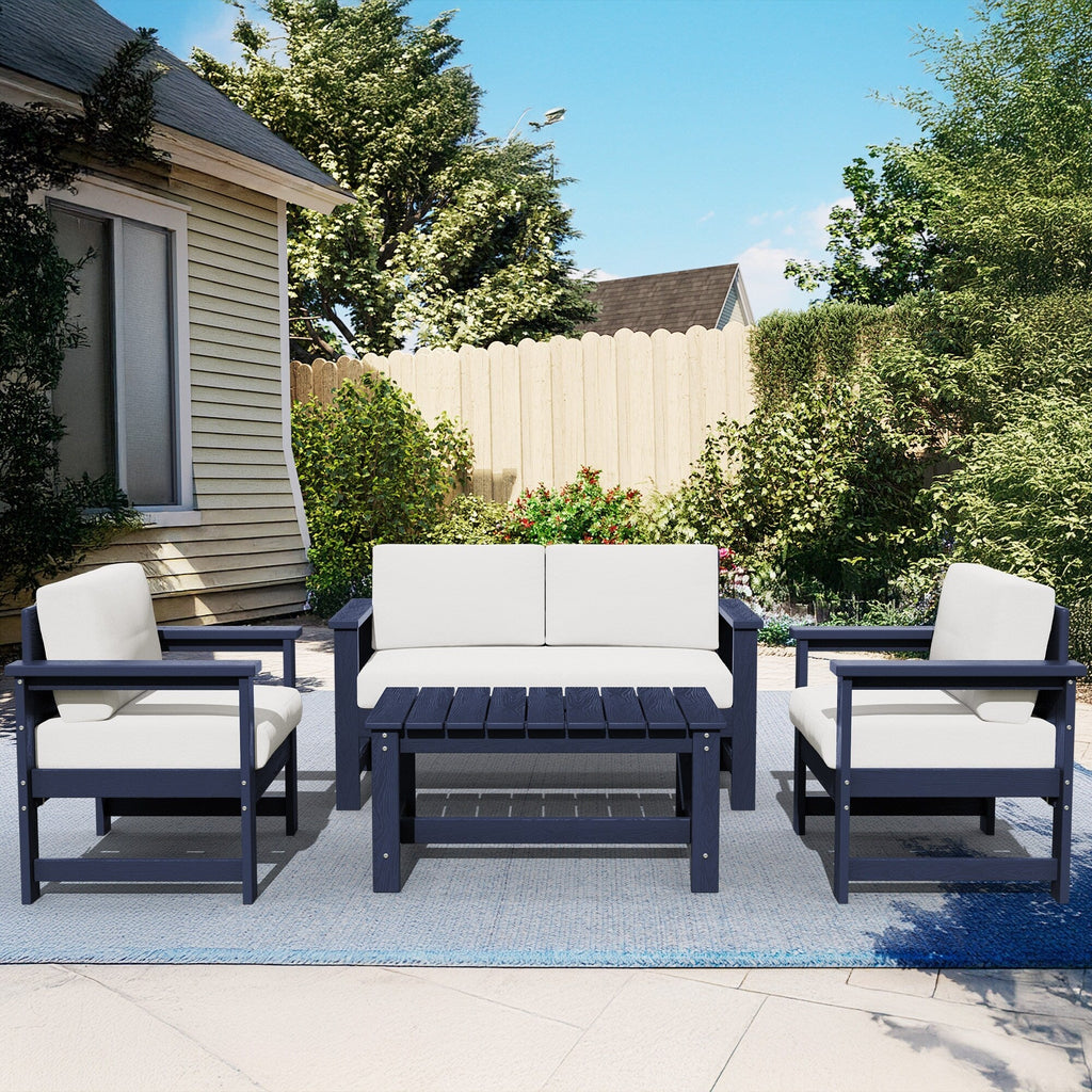 Ensemble de canapé et table sectionnels en PEHD pour patio extérieur, coussins amovibles inclus, une causeuse et deux canapés simples