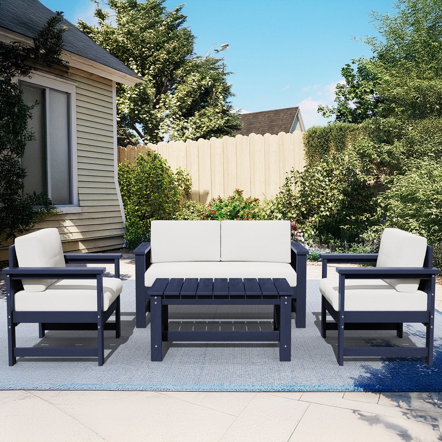 Ensemble de canapé et table sectionnels en PEHD pour patio extérieur, coussins amovibles inclus, une causeuse et deux canapés simples