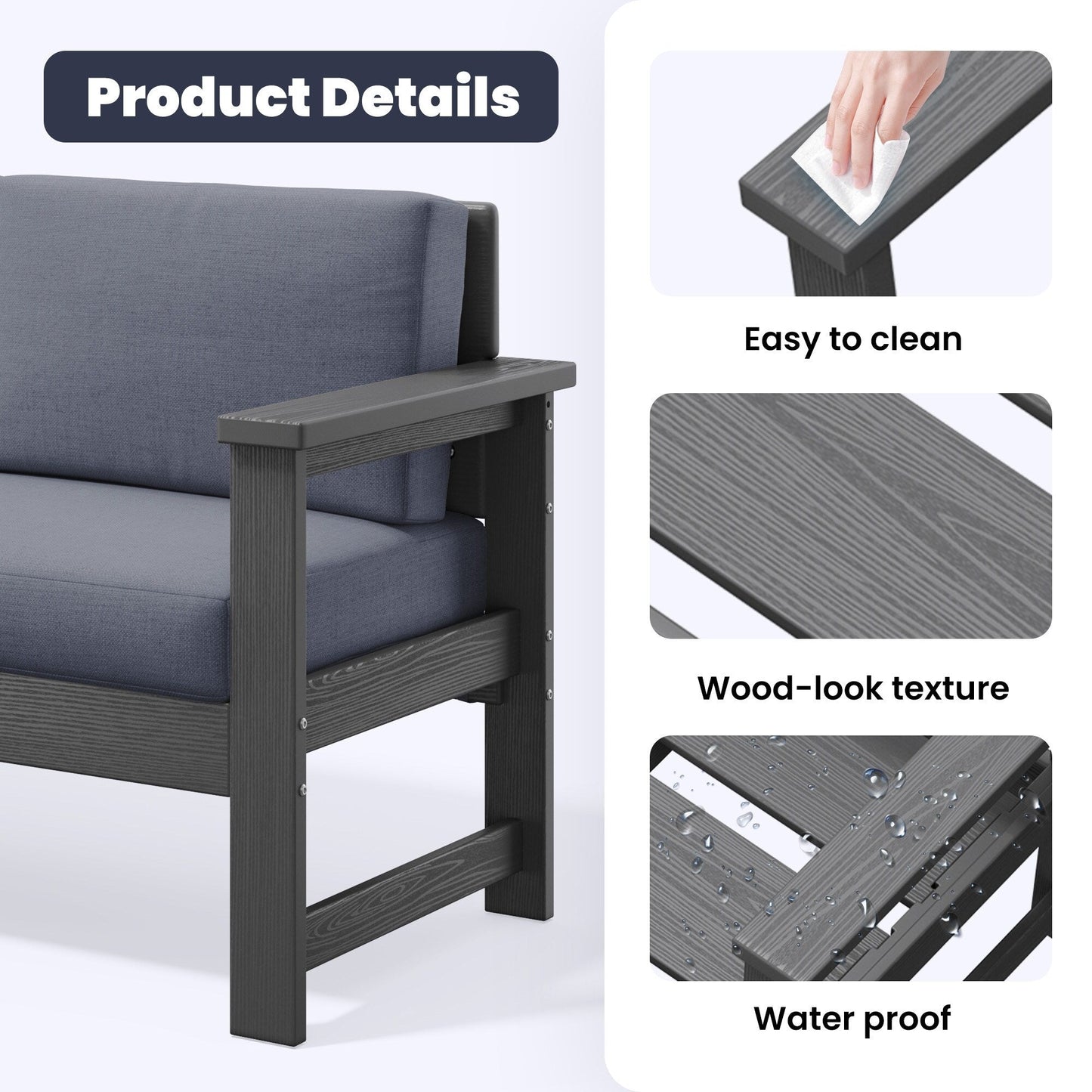 Ensemble de canapé et table sectionnels en PEHD pour patio extérieur, coussins amovibles inclus, une causeuse et deux canapés simples