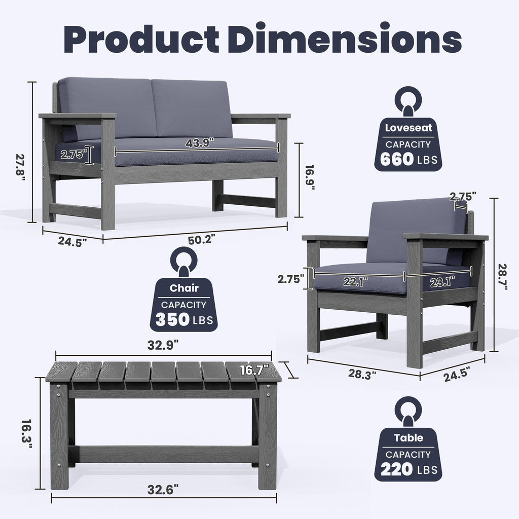 Ensemble de canapé et table sectionnels en PEHD pour patio extérieur, coussins amovibles inclus, une causeuse et deux canapés simples