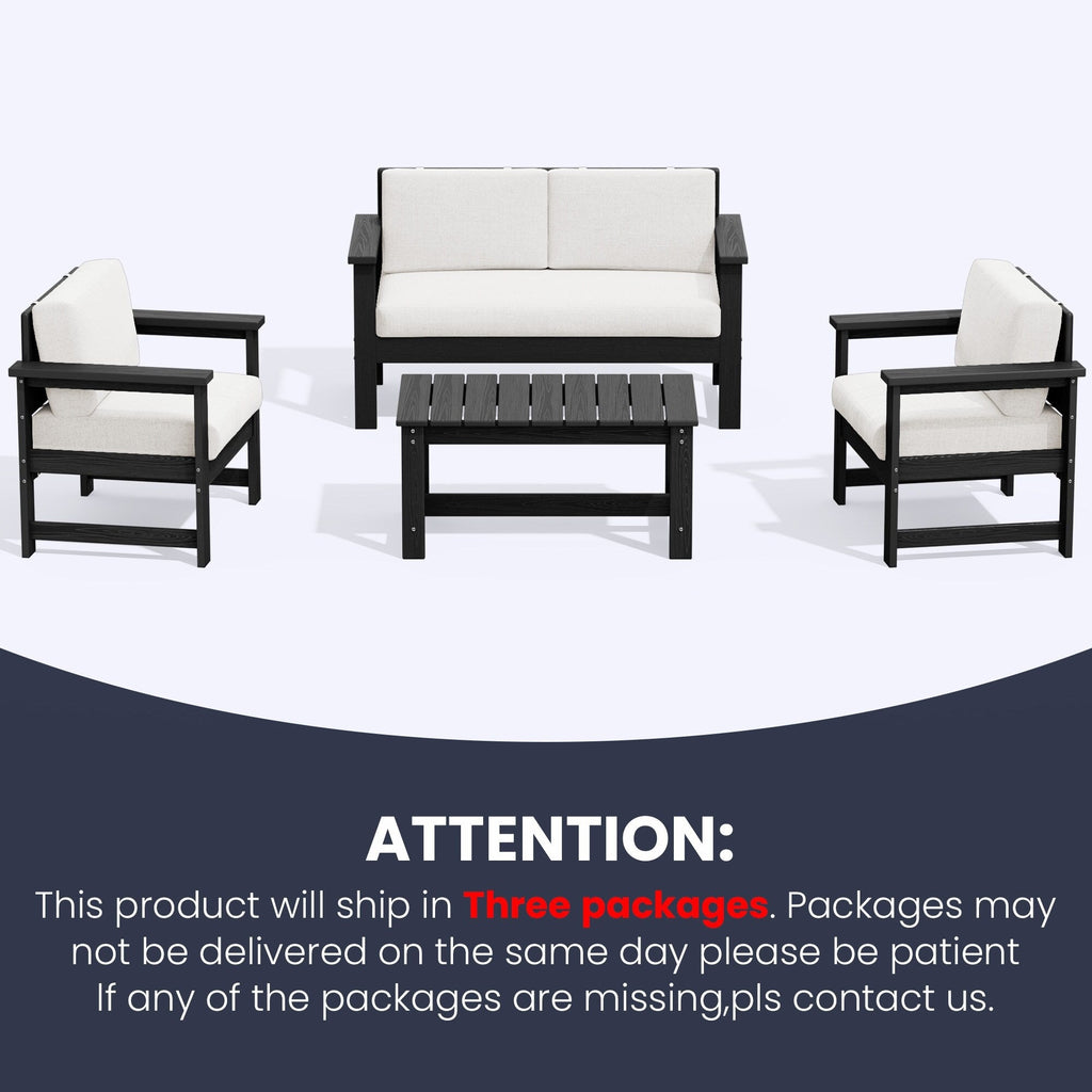Ensemble de canapé et table sectionnels en PEHD pour patio extérieur, coussins amovibles inclus, une causeuse et deux canapés simples