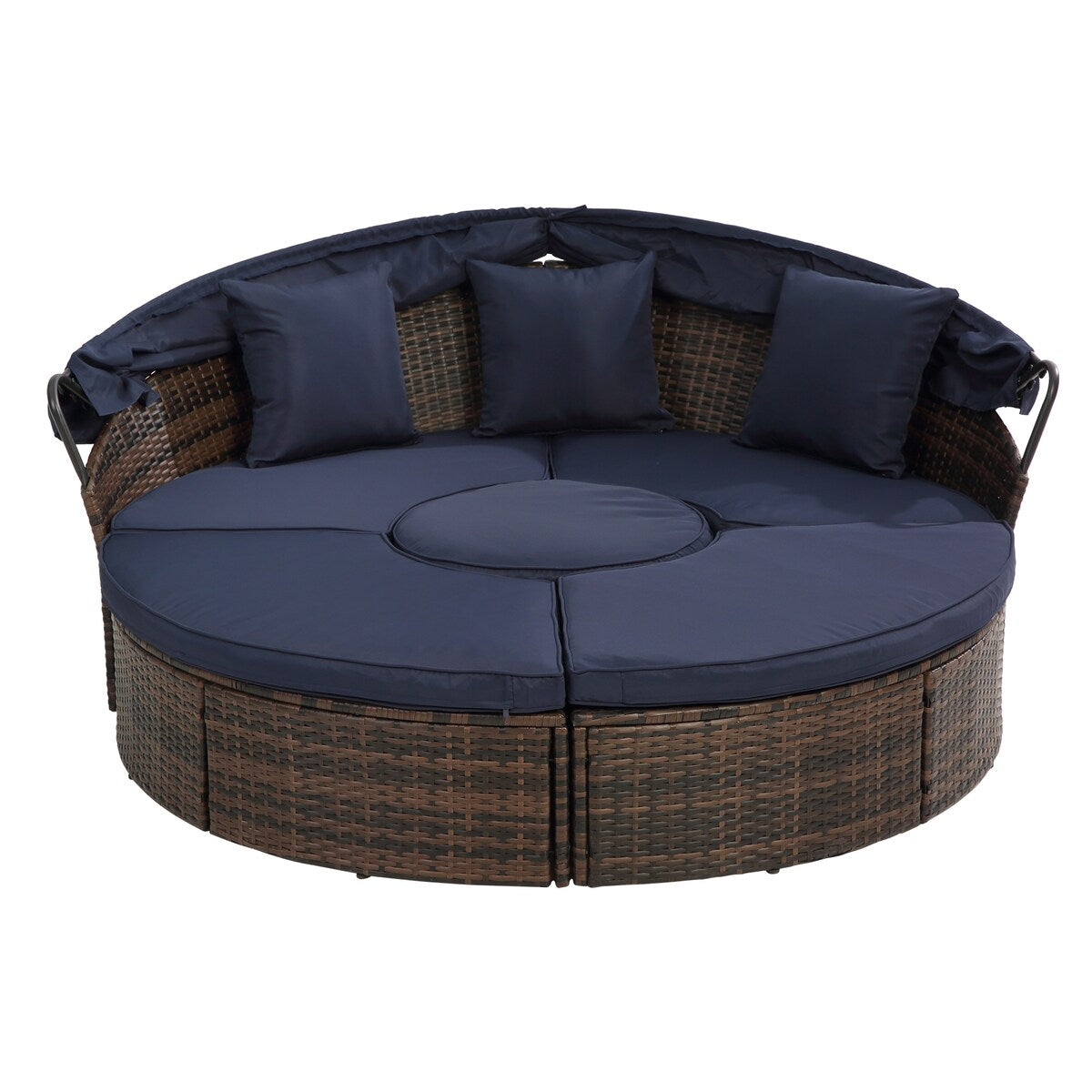 Lit de repos rond en rotin pour extérieur avec table basse relevable, canapé-lit profond bleu marine avec oreillers et coussins lavables