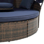 Lit de repos rond en rotin pour extérieur avec table basse relevable, canapé-lit profond bleu marine avec oreillers et coussins lavables