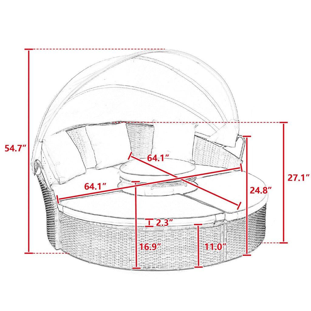 Lit de repos rond en rotin pour extérieur avec table basse relevable, canapé-lit profond bleu marine avec oreillers et coussins lavables