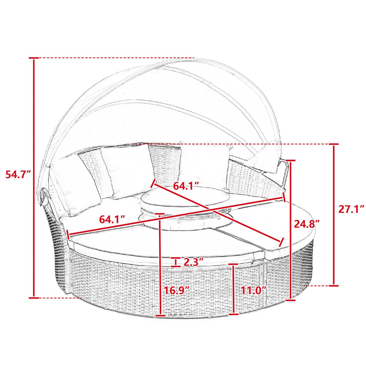 Lit de repos rond en rotin pour extérieur avec table basse relevable, canapé-lit profond bleu marine avec oreillers et coussins lavables