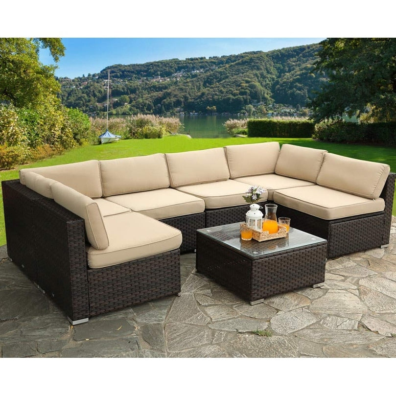 Ensemble de salon de jardin Gariau en rotin et osier, 13 pièces, avec 2 types de tables de foyer à gaz, par Havenside Home