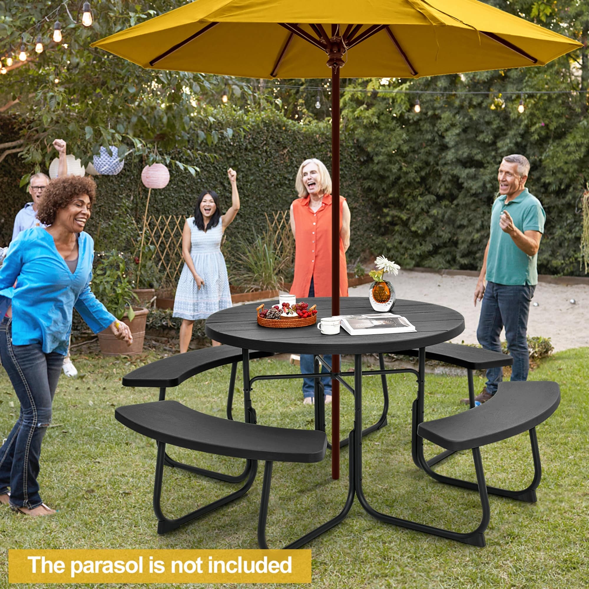 Ensemble table de pique-nique ronde d'extérieur avec 4 bancs et trou pour parasol