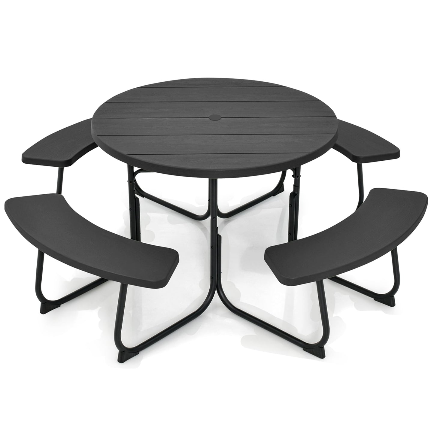 Ensemble table de pique-nique ronde d'extérieur avec 4 bancs et trou pour parasol