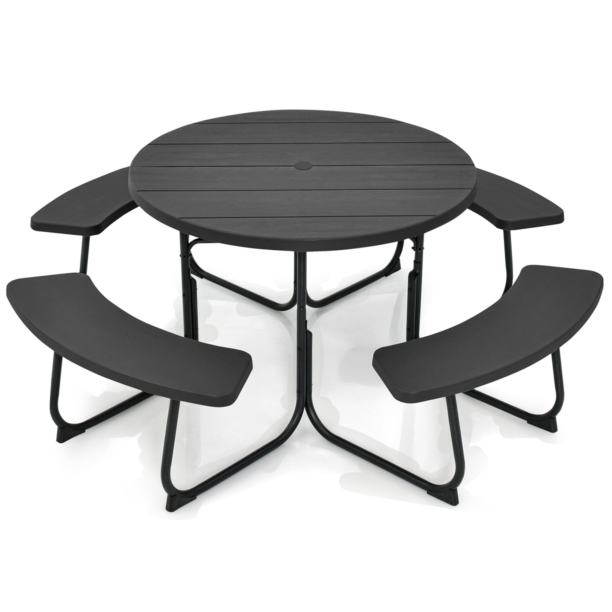 Ensemble table de pique-nique ronde d'extérieur avec 4 bancs et trou pour parasol