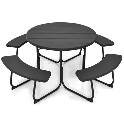 Ensemble table de pique-nique ronde d'extérieur avec 4 bancs et trou pour parasol
