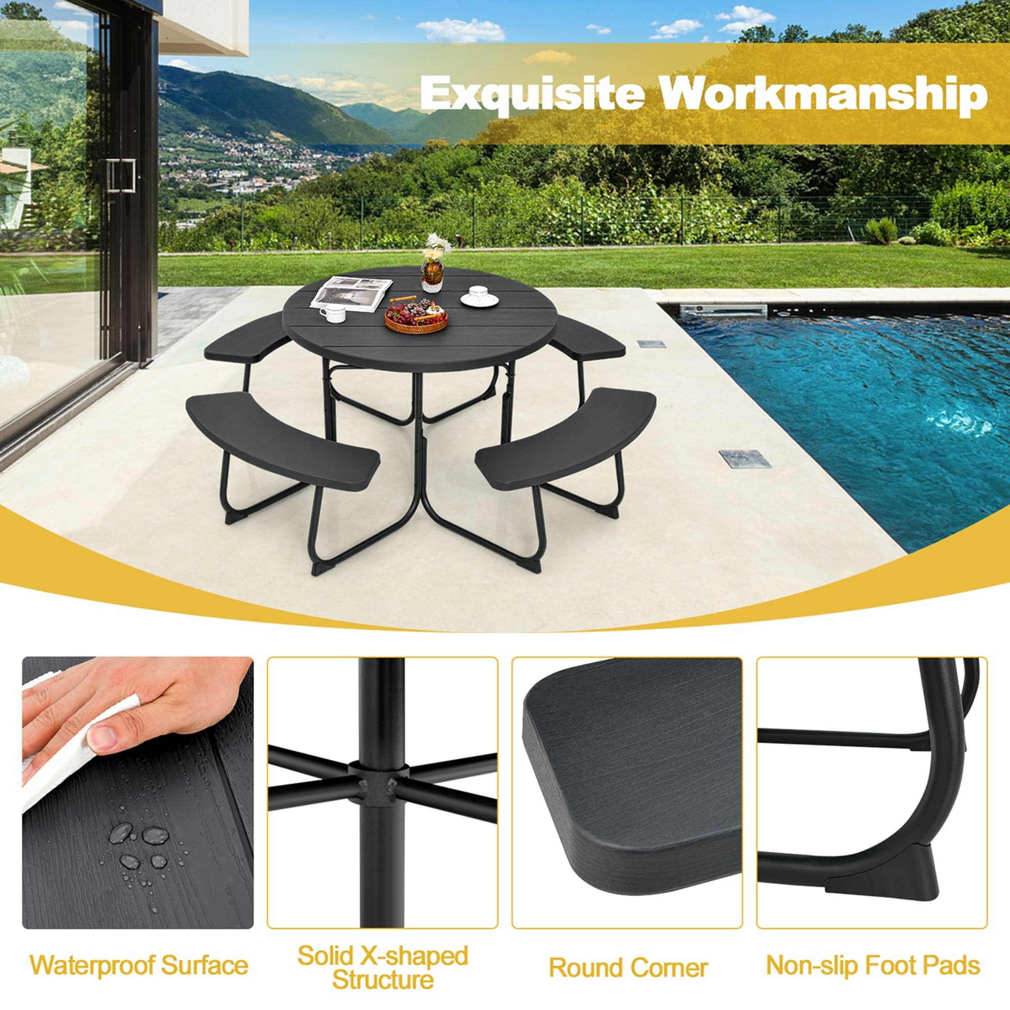 Ensemble table de pique-nique ronde d'extérieur avec 4 bancs et trou pour parasol