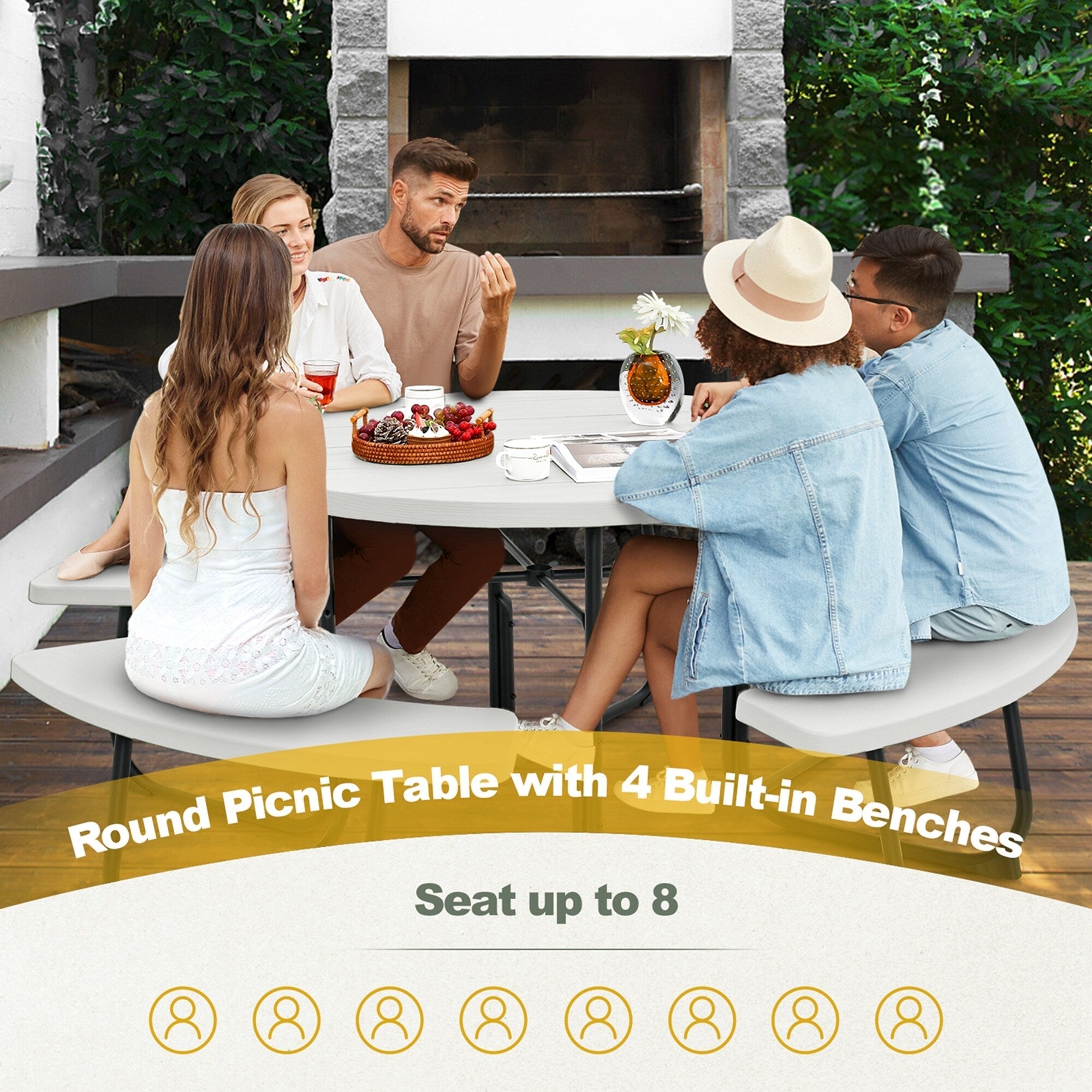 Ensemble table de pique-nique ronde d'extérieur avec 4 bancs et trou pour parasol