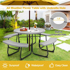 Ensemble table de pique-nique ronde d'extérieur avec 4 bancs et trou pour parasol