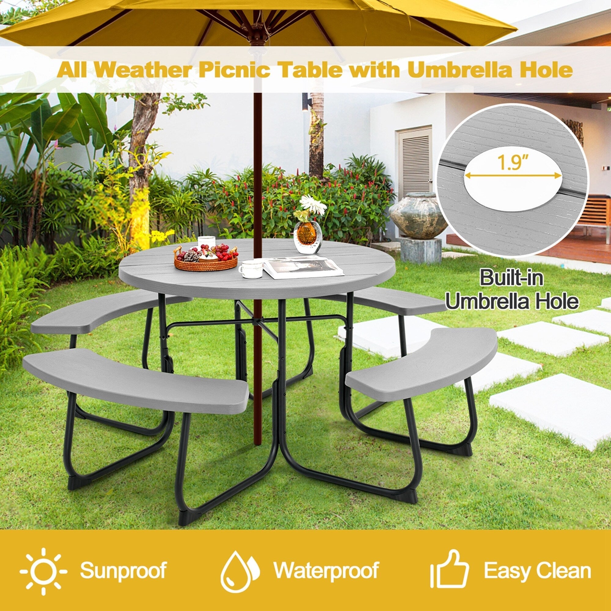 Ensemble table de pique-nique ronde d'extérieur avec 4 bancs et trou pour parasol
