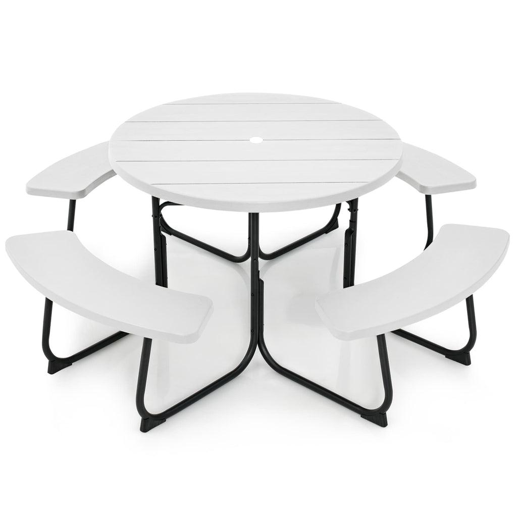 Ensemble table de pique-nique ronde d'extérieur avec 4 bancs et trou pour parasol