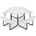 Ensemble table de pique-nique ronde d'extérieur avec 4 bancs et trou pour parasol