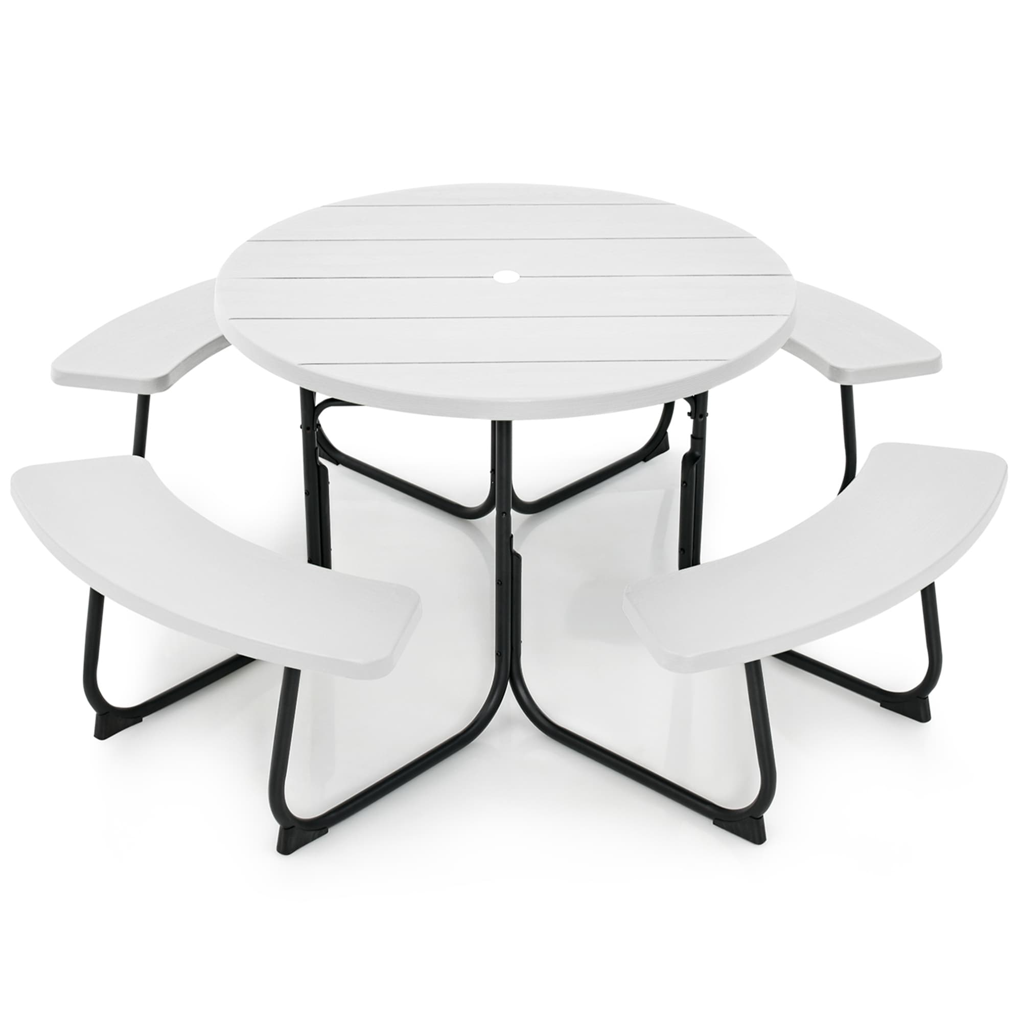 Ensemble table de pique-nique ronde d'extérieur avec 4 bancs et trou pour parasol