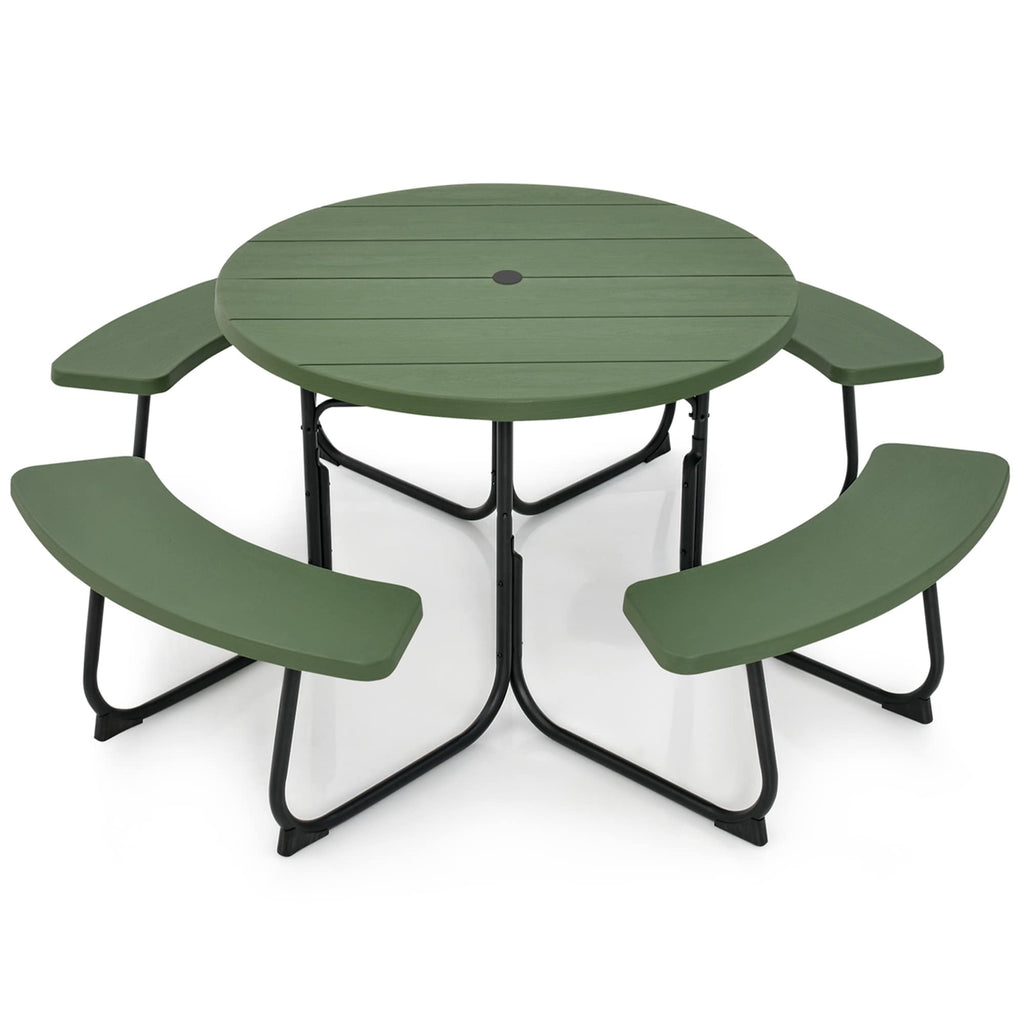 Ensemble table de pique-nique ronde d'extérieur avec 4 bancs et trou pour parasol