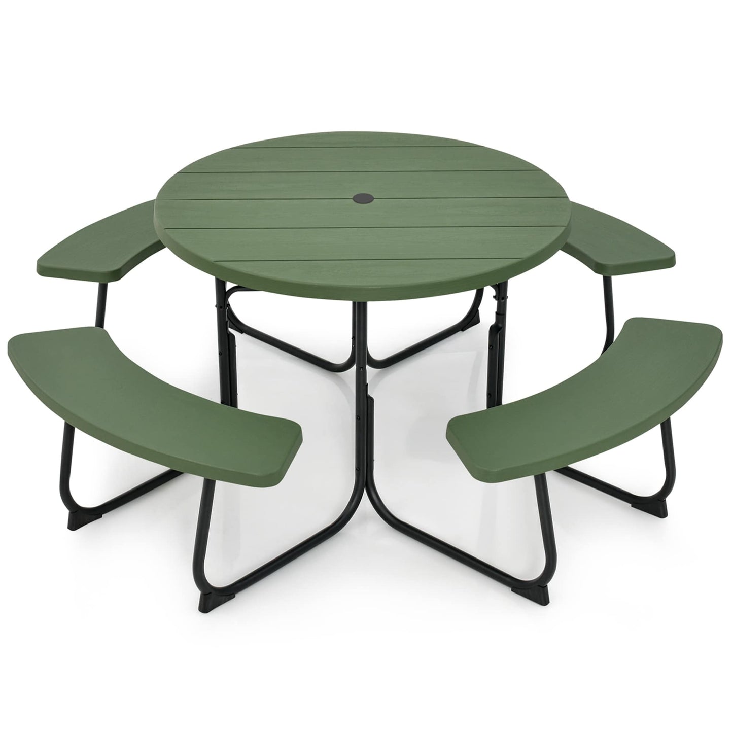 Ensemble table de pique-nique ronde d'extérieur avec 4 bancs et trou pour parasol