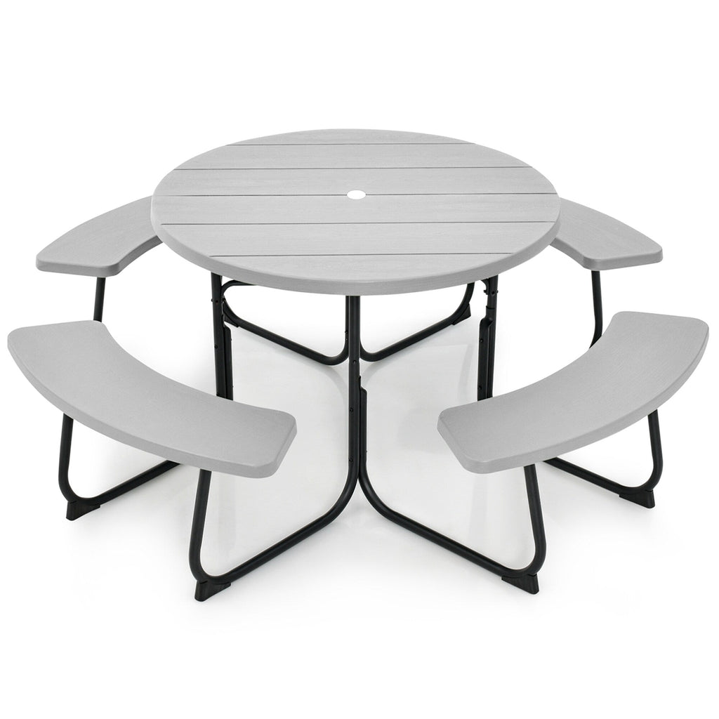 Ensemble table de pique-nique ronde d'extérieur avec 4 bancs et trou pour parasol