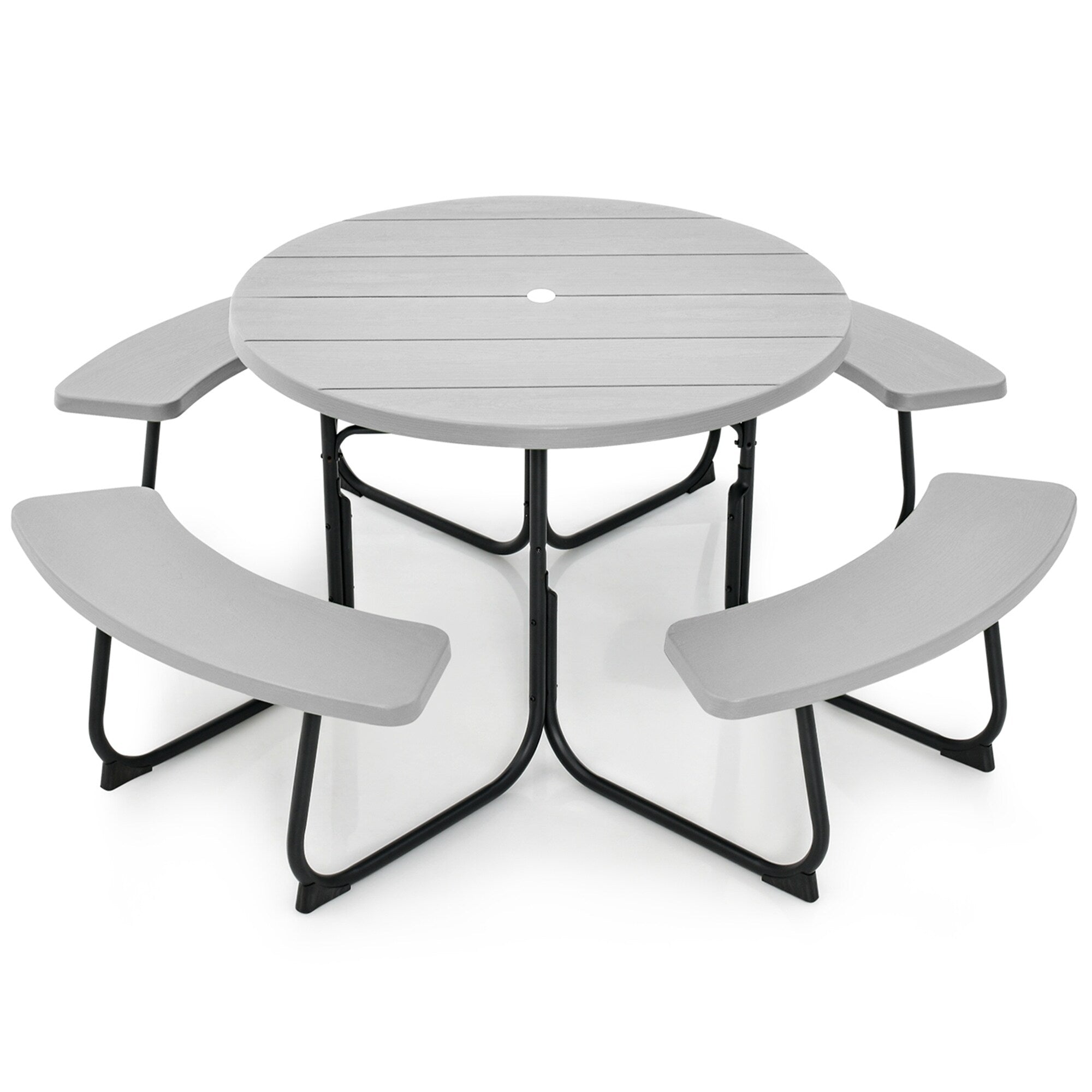 Ensemble table de pique-nique ronde d'extérieur avec 4 bancs et trou pour parasol