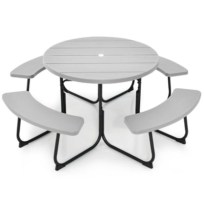 Ensemble table de pique-nique ronde d'extérieur avec 4 bancs et trou pour parasol