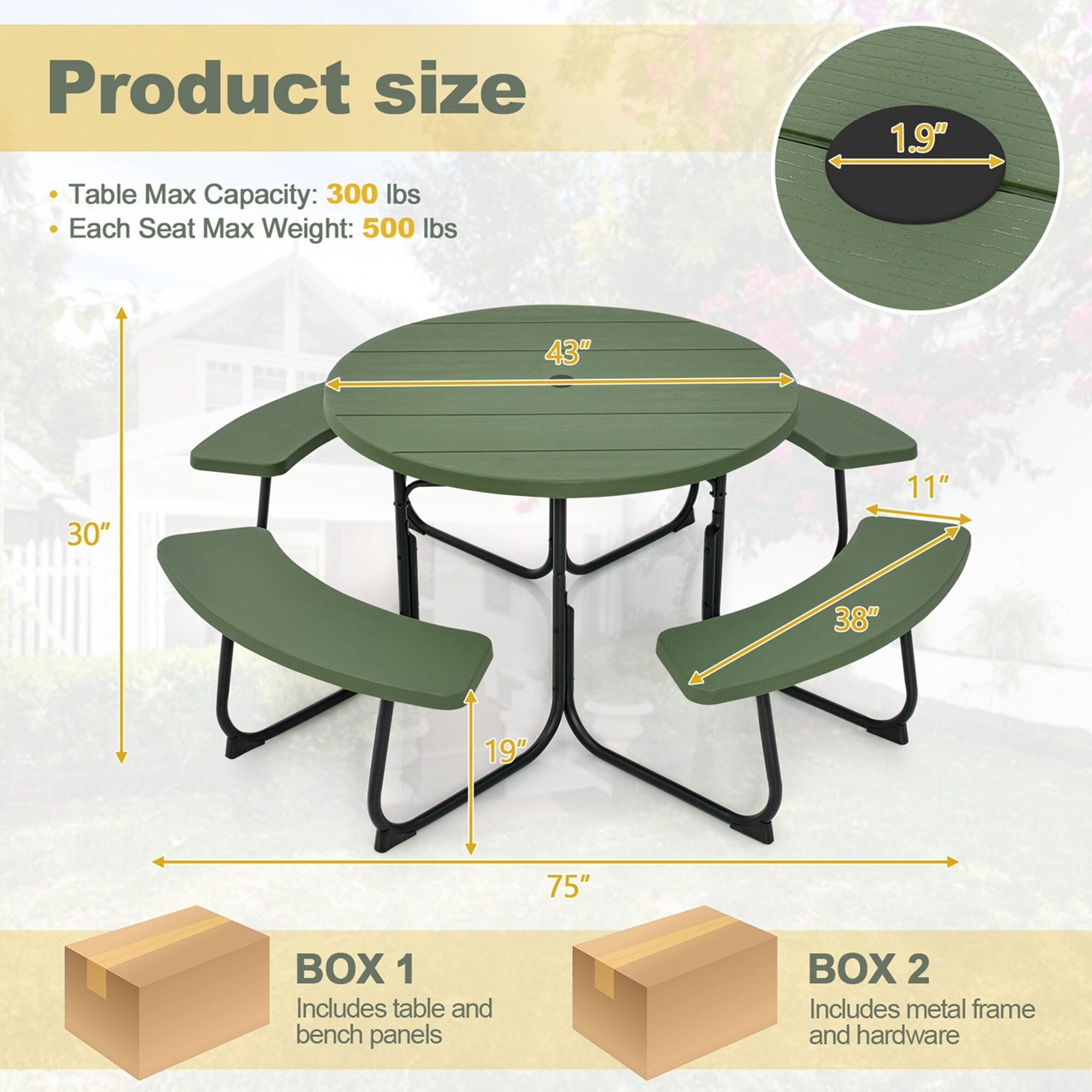 Ensemble table de pique-nique ronde d'extérieur avec 4 bancs et trou pour parasol