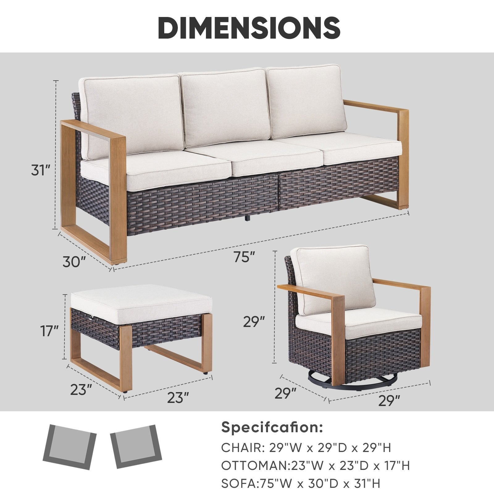 Canapé d'extérieur sectionnel avec chaises pivotantes à bascule - Marron