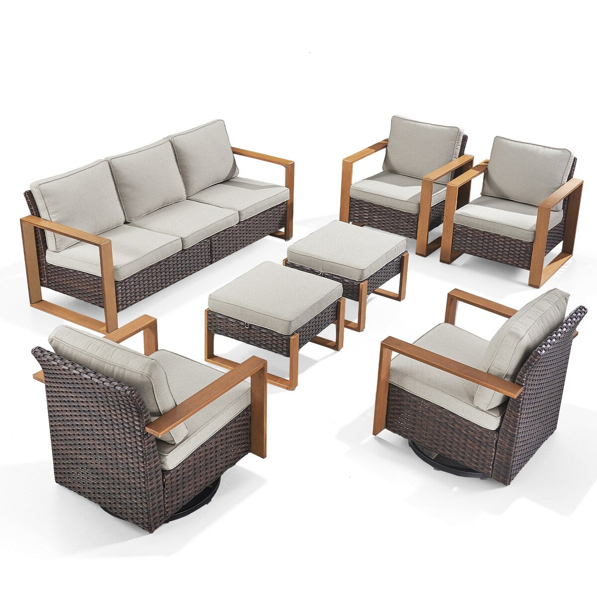 Fauteuil pivotant d'extérieur Gymojoy avec canapé, fauteuil club et poufs - Marron