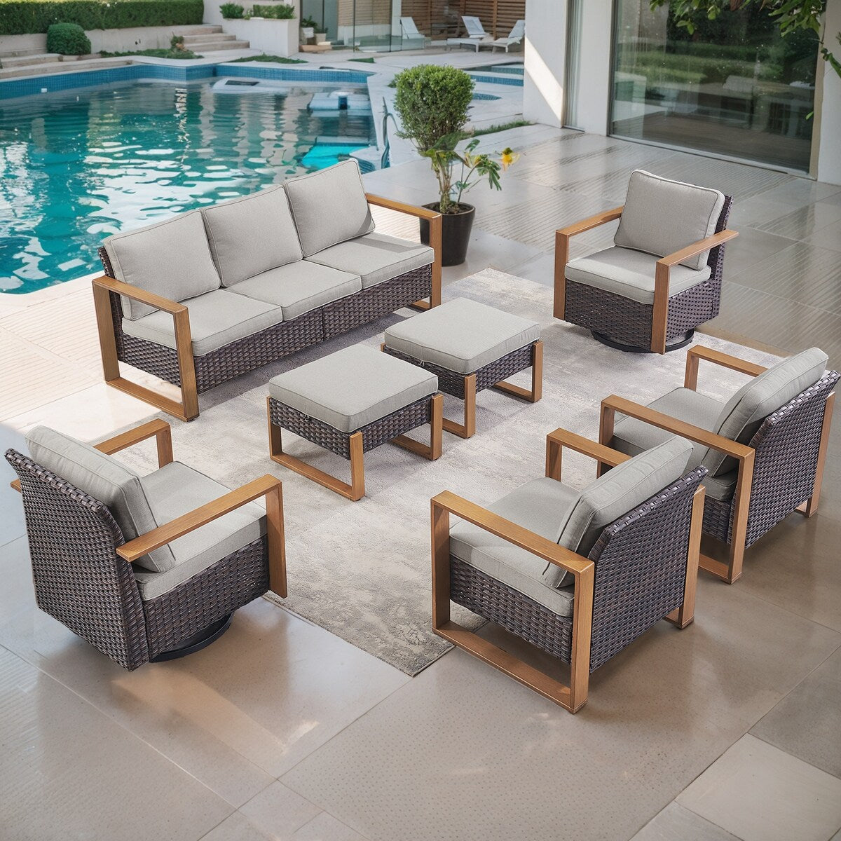 Fauteuil pivotant d'extérieur Gymojoy avec canapé, fauteuil club et poufs - Marron