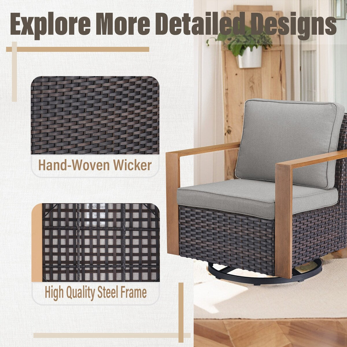 Fauteuil pivotant d'extérieur Gymojoy avec canapé, fauteuil club et poufs - Marron