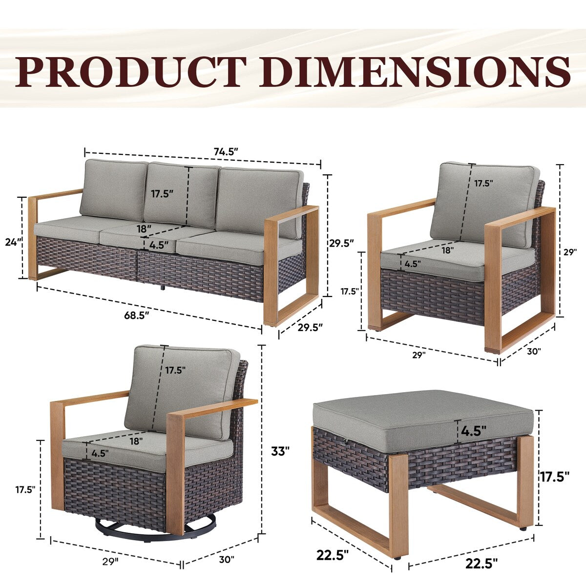 Fauteuil pivotant d'extérieur Gymojoy avec canapé, fauteuil club et poufs - Marron