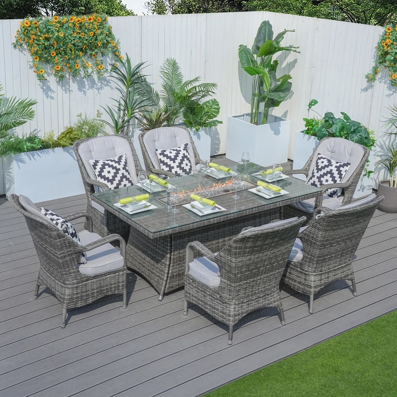 Ensemble de table rectangulaire en osier pour foyer à gaz d'extérieur avec 6 chaises par Moda Furnishings (housse de pluie incluse)