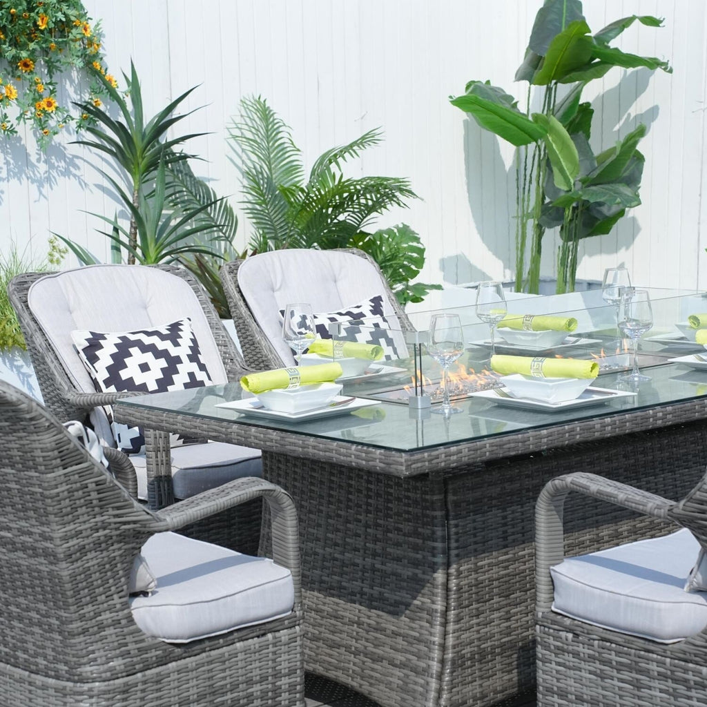 Ensemble de table rectangulaire en osier pour foyer à gaz d'extérieur avec 6 chaises par Moda Furnishings (housse de pluie incluse)