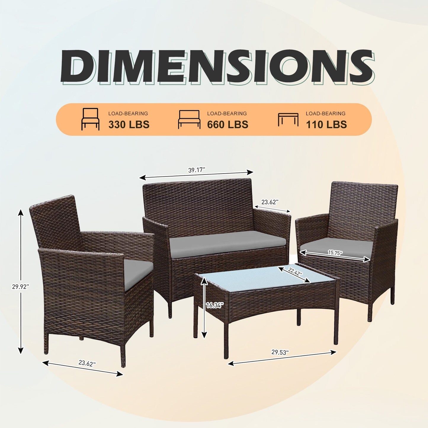 Ensemble de meubles de jardin 4 pièces avec coussins, salon de jardin en osier et table basse en verre