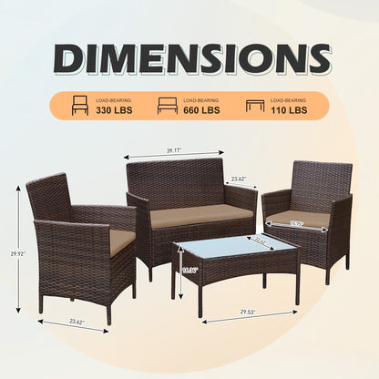 Ensemble de meubles de jardin 4 pièces avec coussins, salon de jardin en osier et table basse en verre