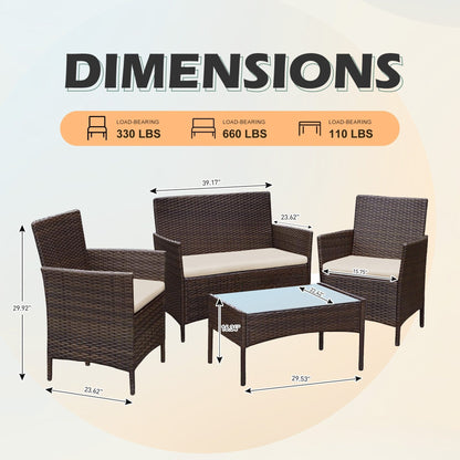 Ensemble de meubles de jardin 4 pièces avec coussins, salon de jardin en osier et table basse en verre
