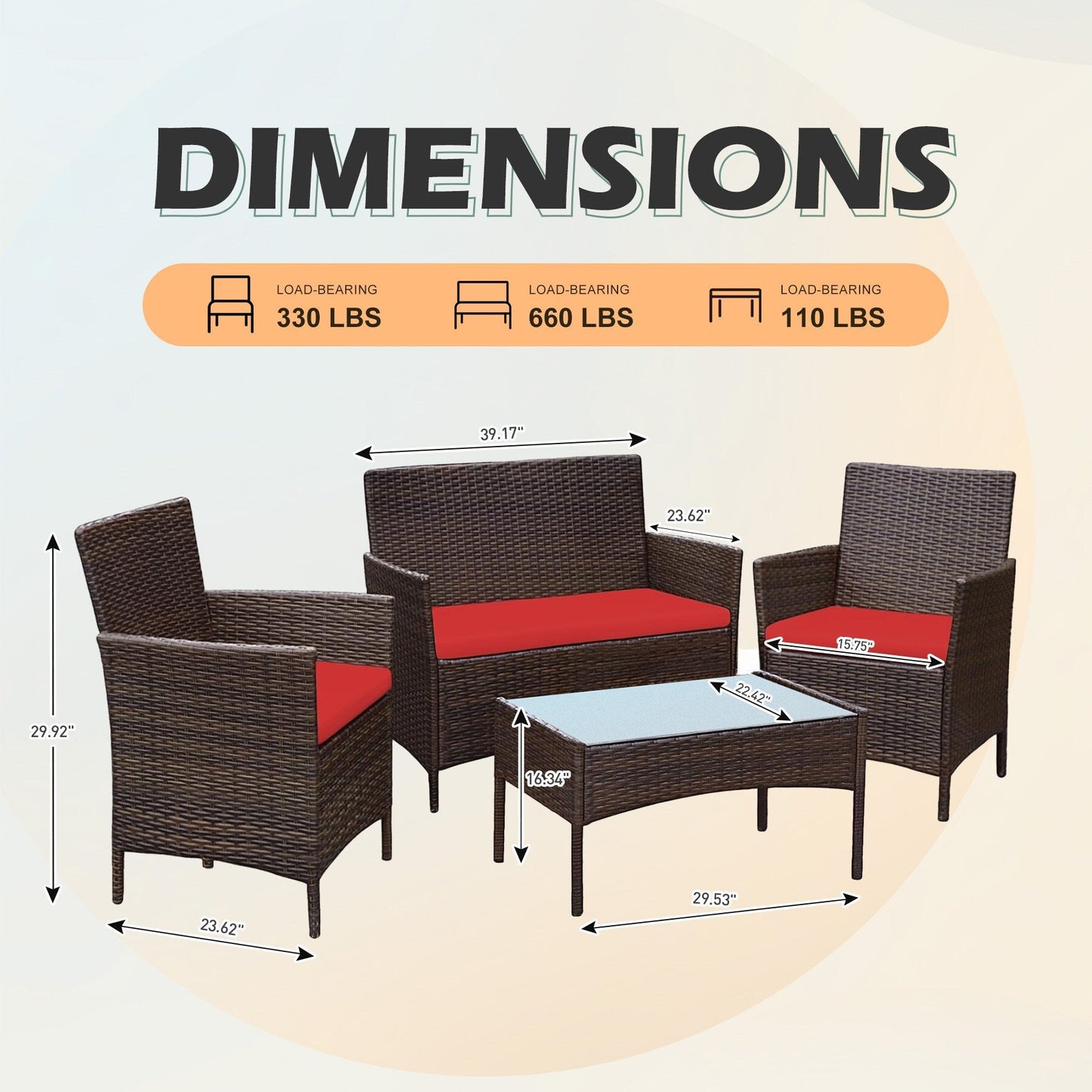 Ensemble de meubles de jardin 4 pièces avec coussins, salon de jardin en osier et table basse en verre
