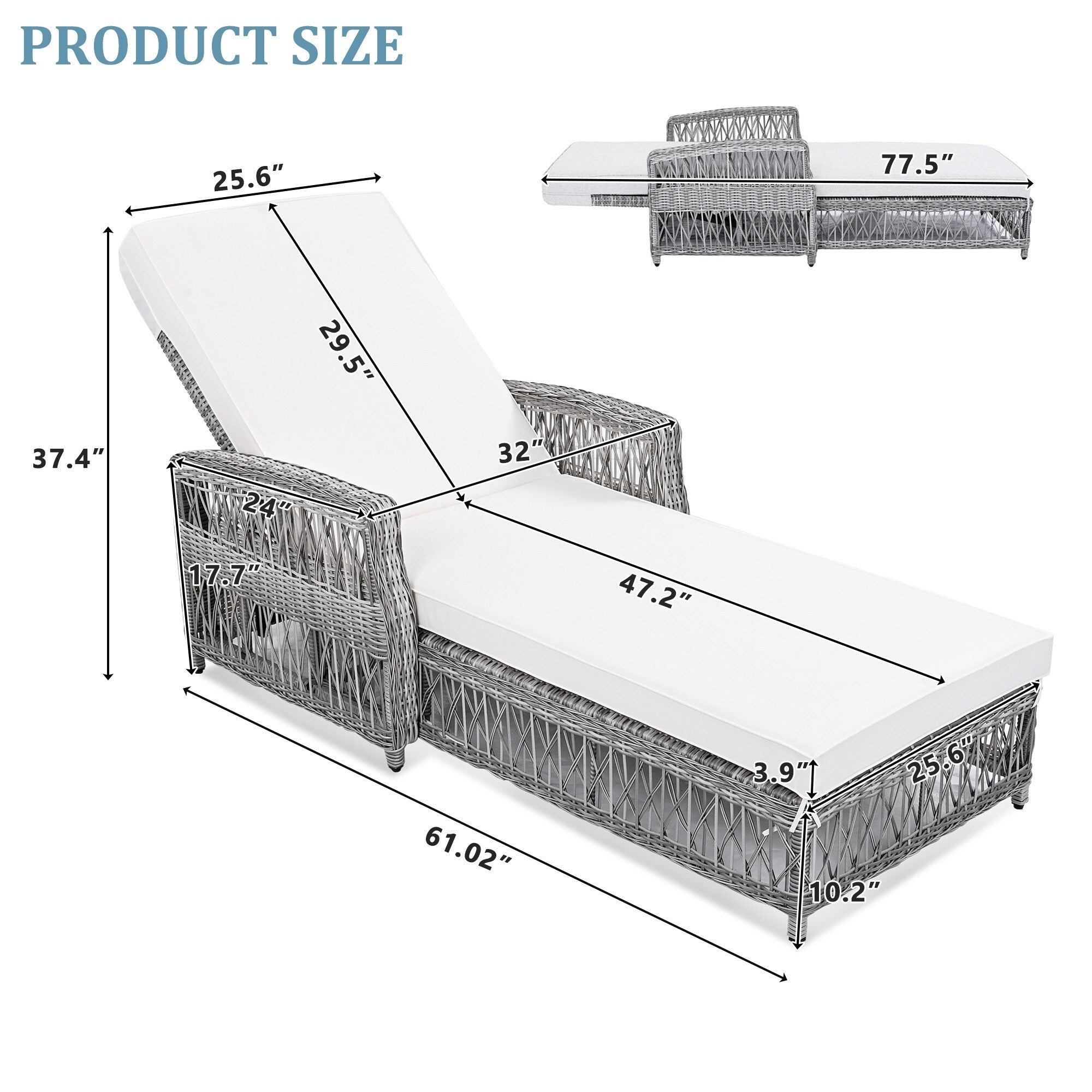 Chaise longue inclinable d'extérieur en osier réglable avec coussin
