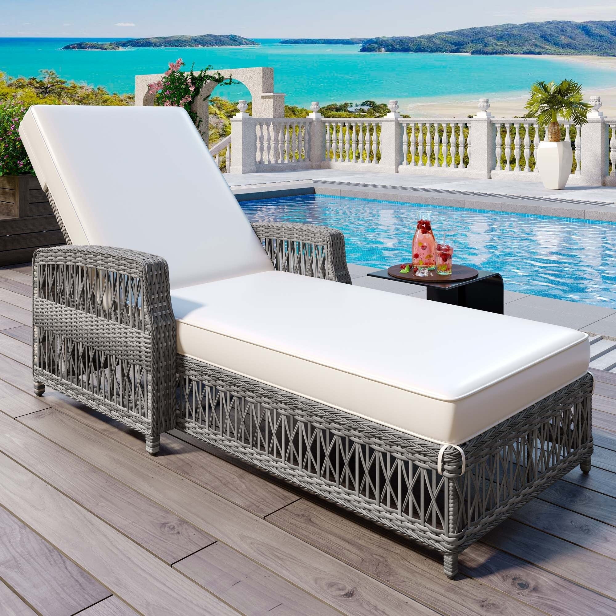 Chaise longue inclinable d'extérieur en osier réglable avec coussin